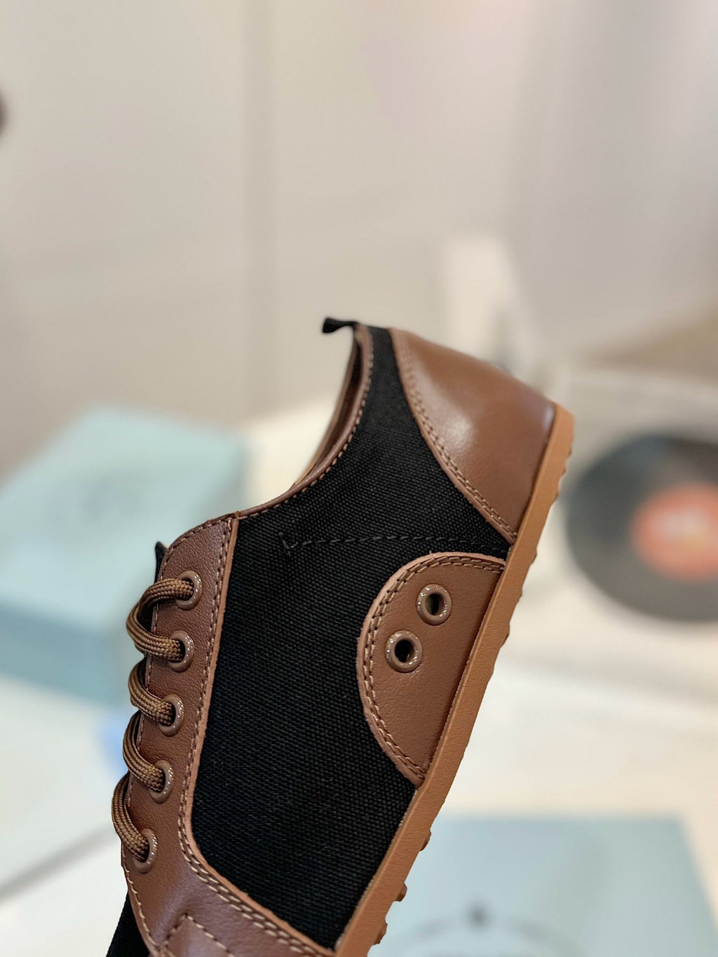 PRADA SNEAKERS IN BROWN LAMBSKIN AND BLACK CANVAS