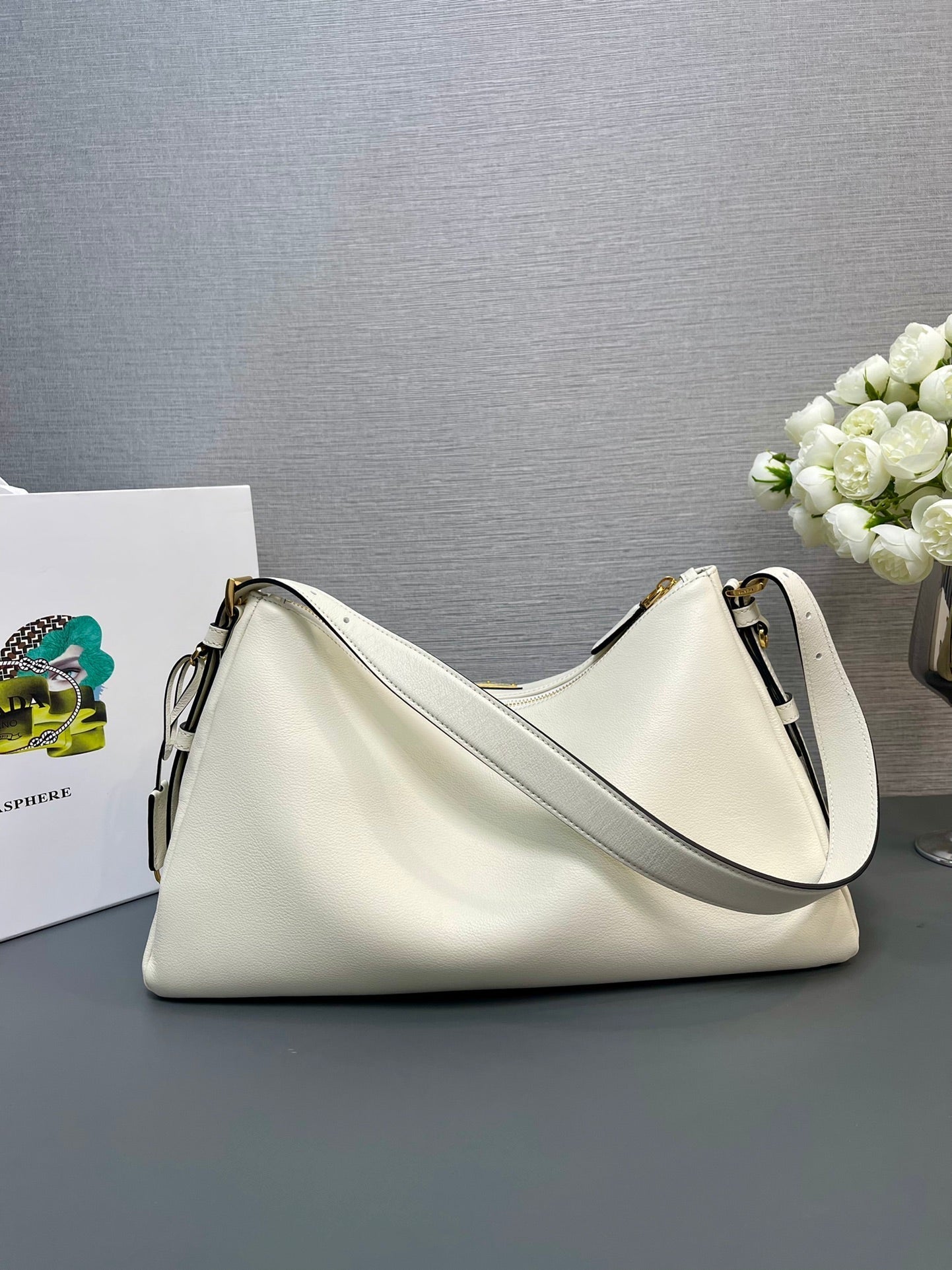 PRADA LARGE HOBO BAG 39 IN WHITE SOFT LAMBSKIN