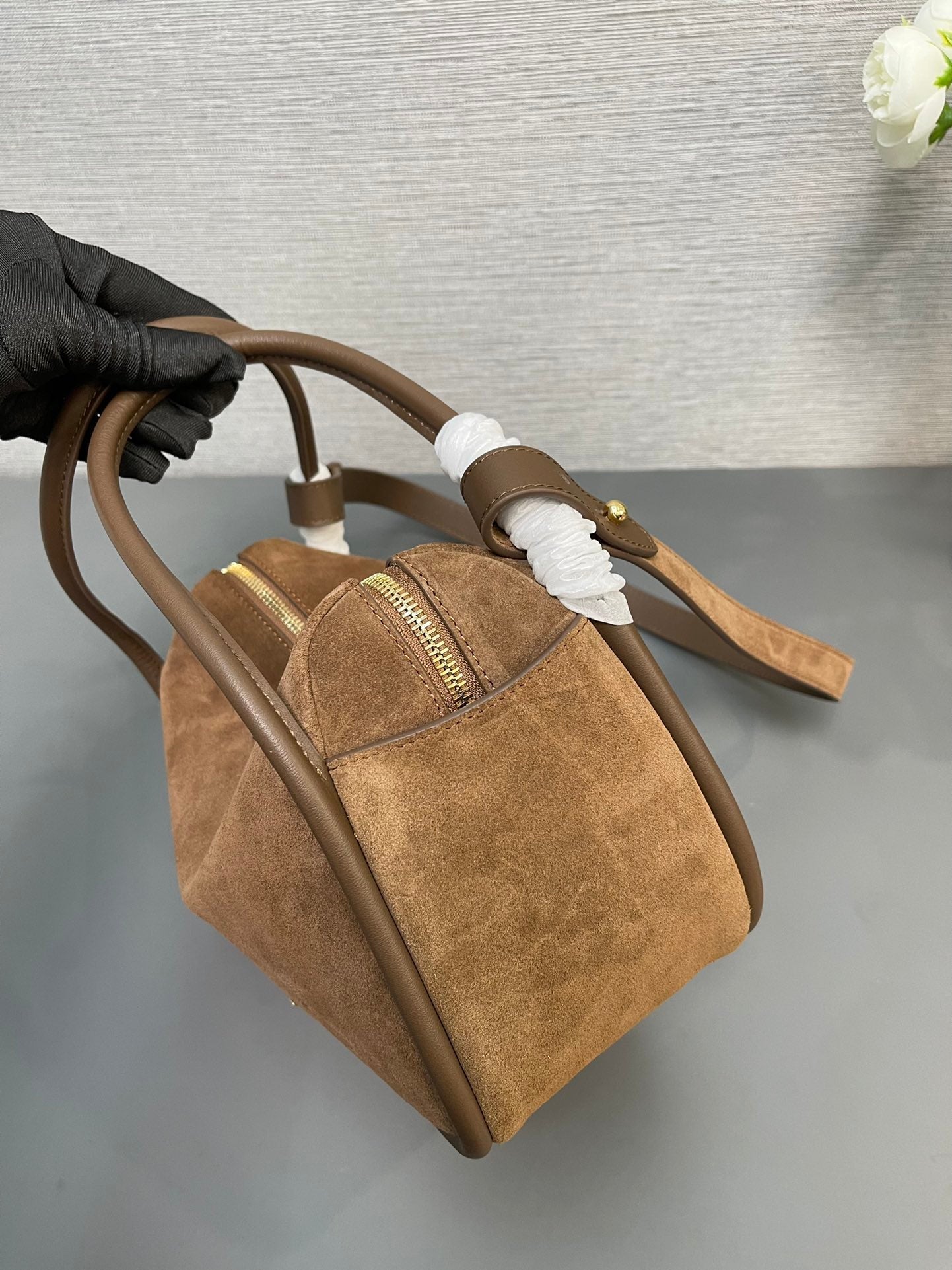 PRADA BOWLING BAG 25 IN ASH BROWN SUEDE AND CALFSKIN TRIM GOLD LOGO