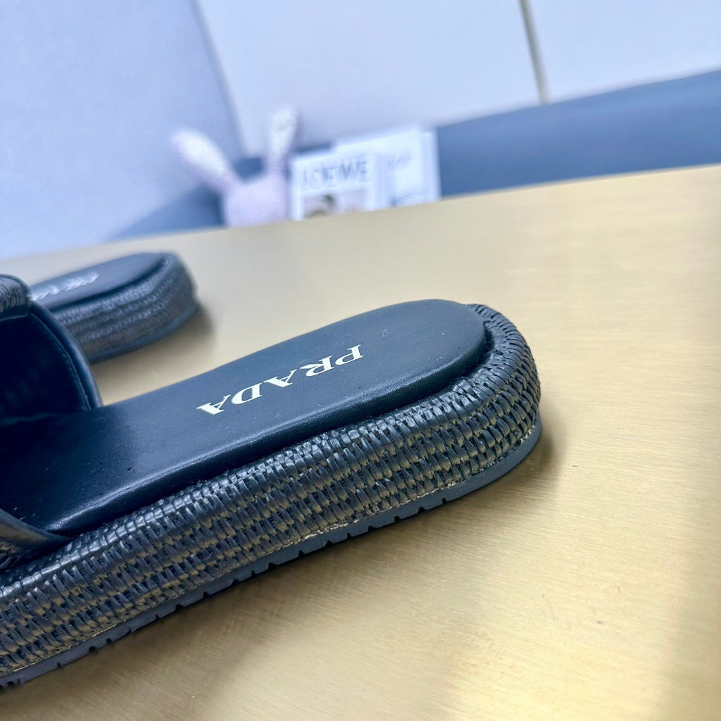 PRADA CROCHET SLIDES SLIPPERS BLACK RAFFIA