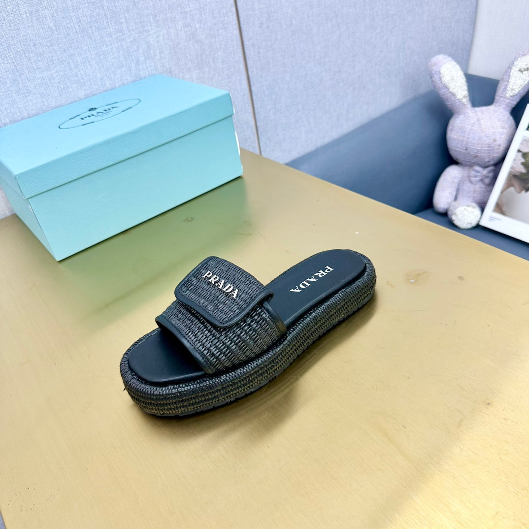 PRADA CROCHET SLIDES SLIPPERS BLACK RAFFIA