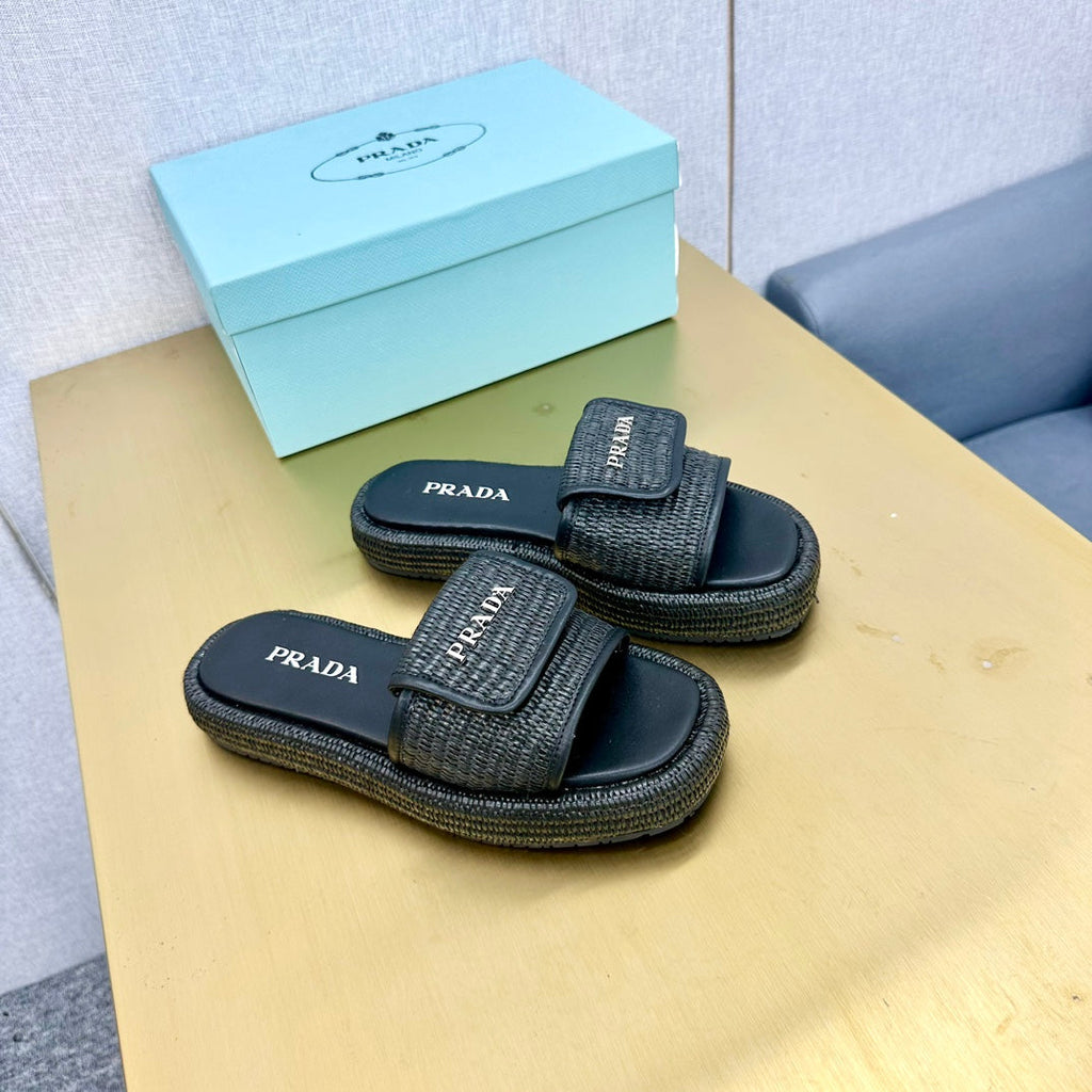 PRADA CROCHET SLIDES SLIPPERS BLACK RAFFIA