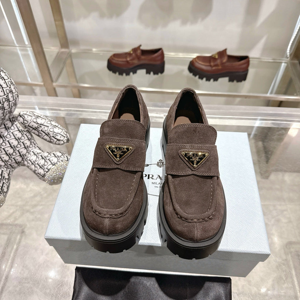 PRADA 25S THICK-SOLE LOAFERS 60 MM IN RK BROWN SUEDE