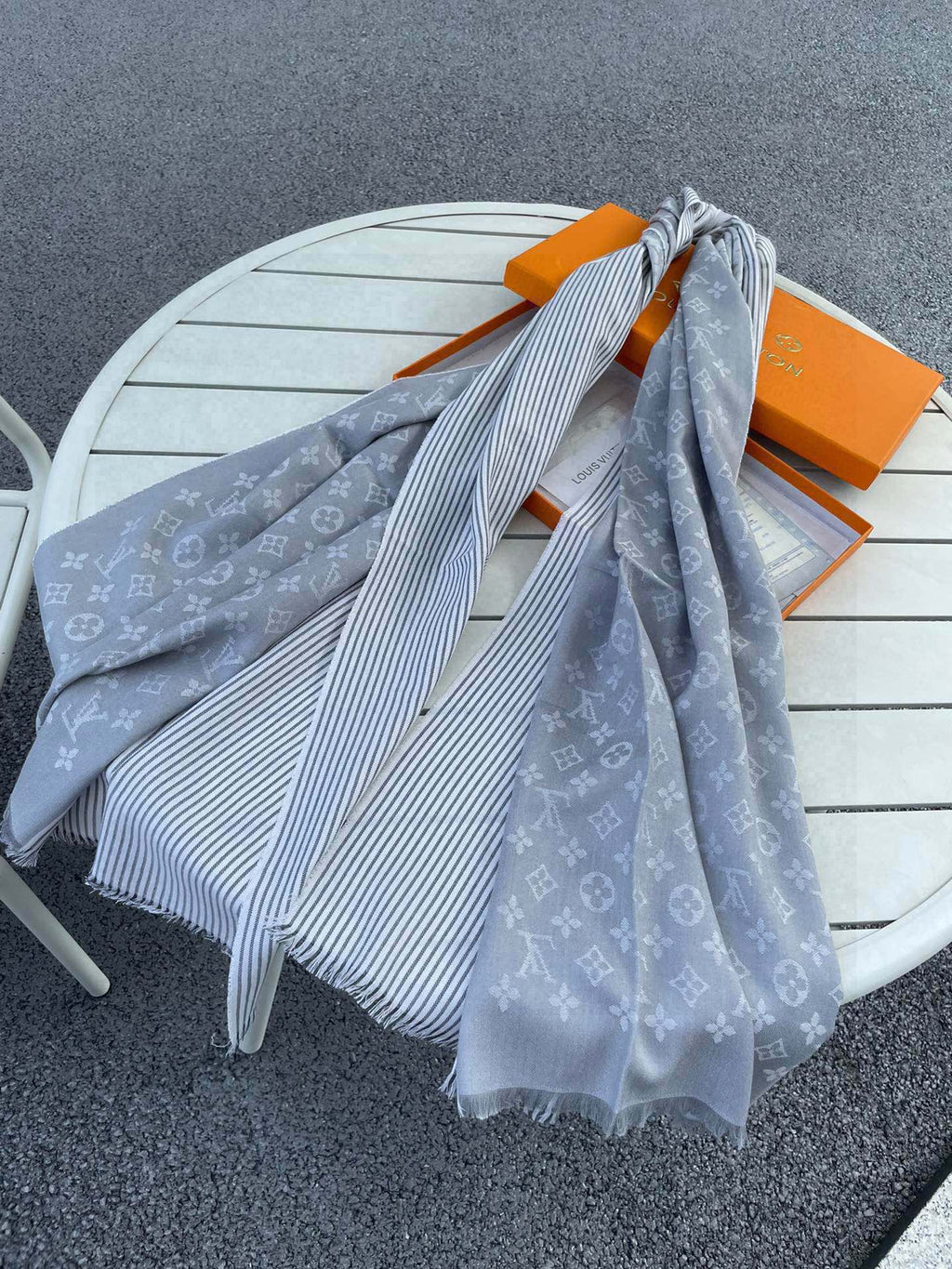 LOUIS VUITTON MONOGRAM SCARF 200 CM IN LIGHT GRAY CASHMERE AND SILK 388079
